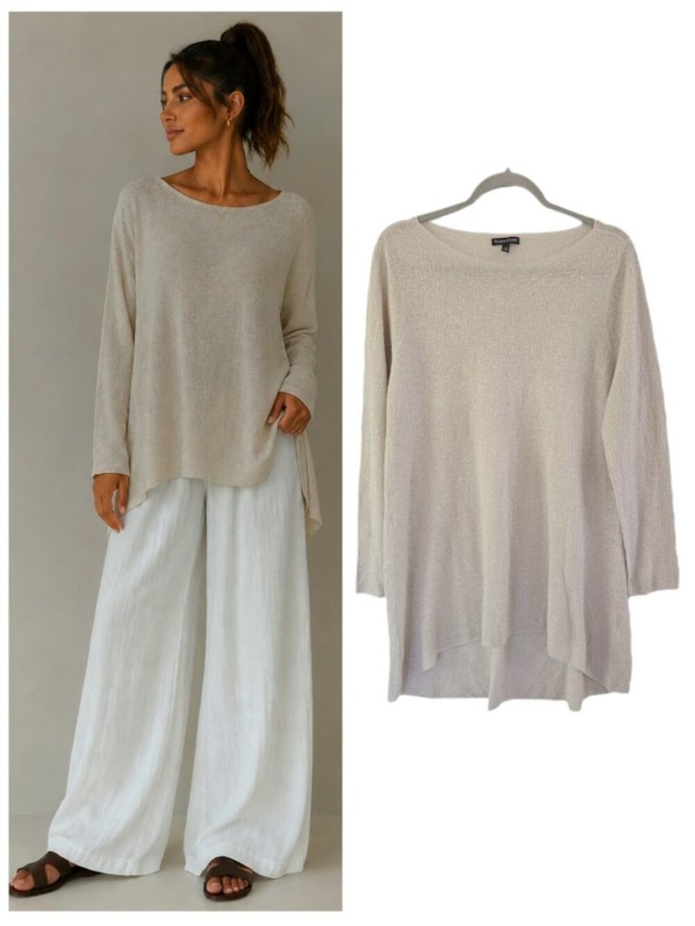 Eileen Fisher 100% Organic Linen Lightweight Long Sleeve Tunic Top Tan Cream L